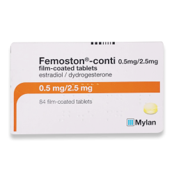 Package contains 84 film-coated tablets of Femoston®-conti, each tablet contains 0.5mg of estradiol and 2.5mg of dydrogesterone
