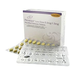 Box of Premique® conjugated estrogens and medroxyprogesterone acetate tablets with blister packs