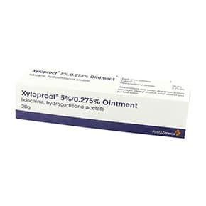 Box of 20g Xyloproct 5%/0.275% lidocaine/hydrocortisone acetate ointment